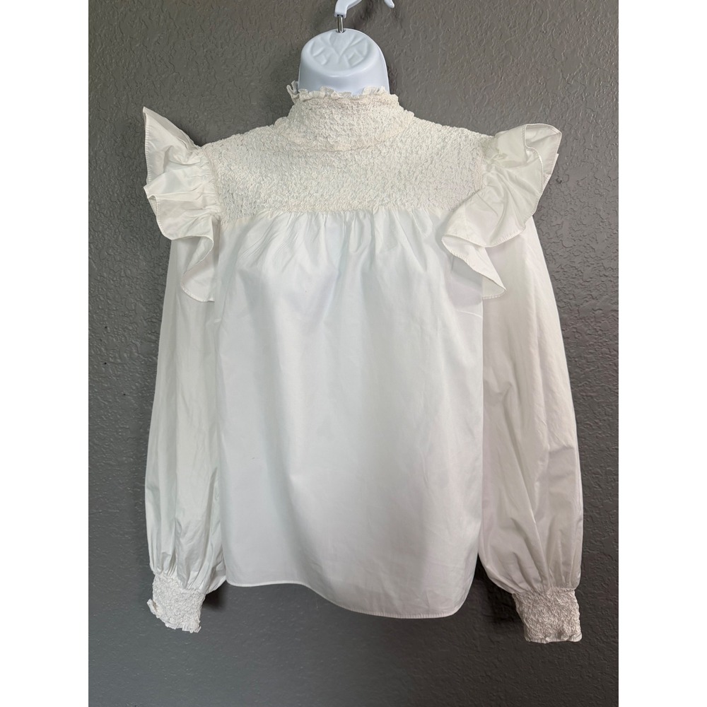 Cinq a Sept White Smocked High Neck Ruffle Shoulder Blouse SZ M 
Fancy‎ Career